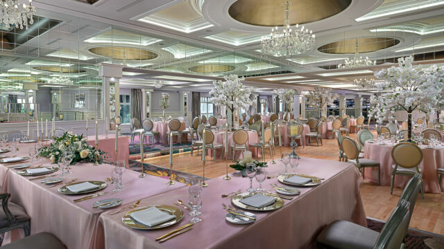 Ballroom- pink cloths white cherry blossoms