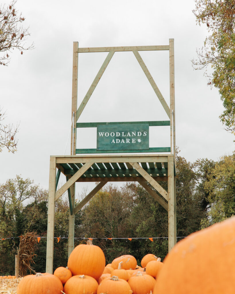 Hotel Woodlands Adare sign above pumpkins, surrounded by autumn trees, offering a festive seasonal experience.