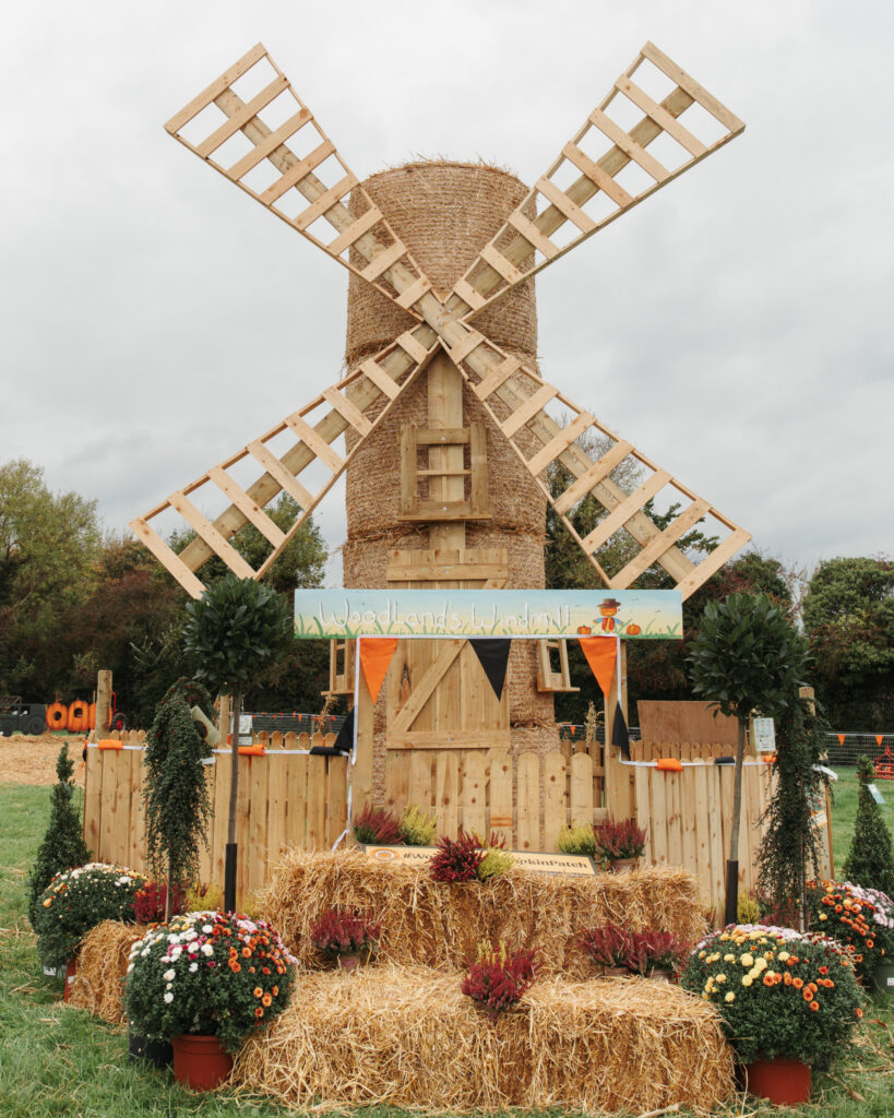 Charming rustic windmill surrounded by colourful flowers and straw decorations, welcoming guests with a countryside retreat vibe.