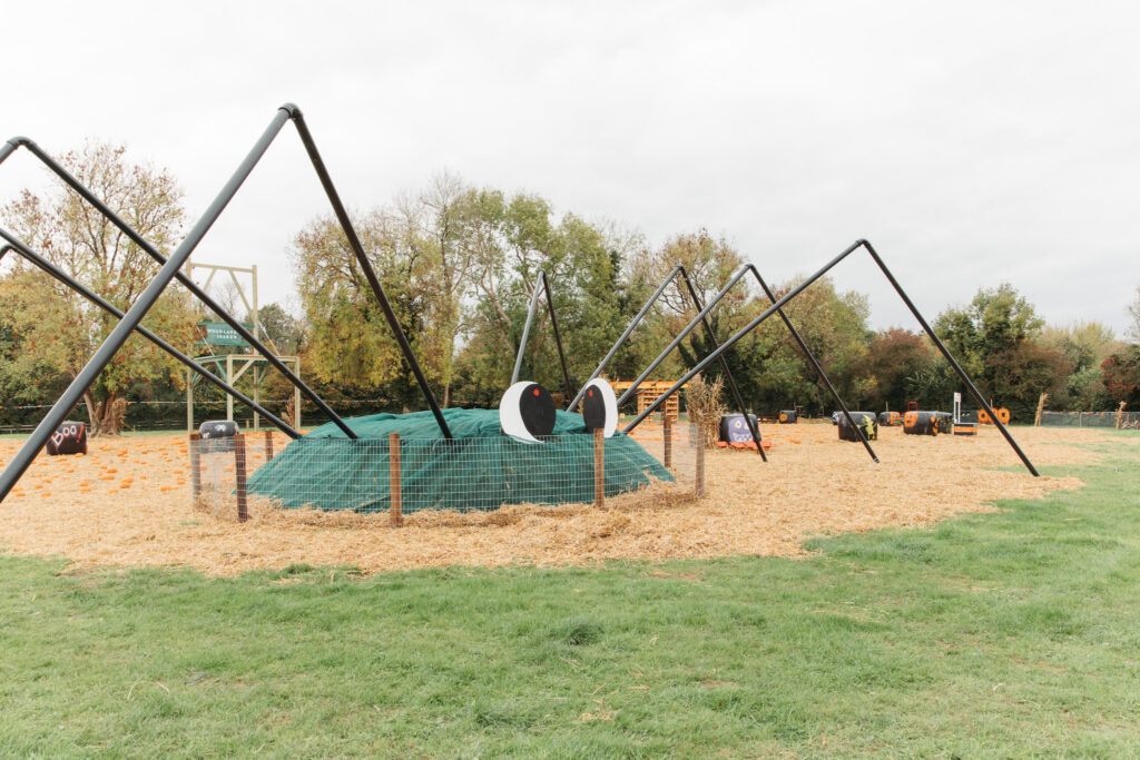 Giant spider playground with interactive climbing features at countryside hotel offers family-friendly outdoor fun and adventure.